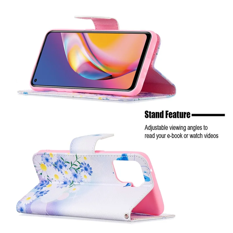 Pattern Printing Leather + Soft TPU Inner Case with Wallet Stand for Oppo A94/Reno5 F/F19 Pro - Blue Butterflies and Flowers
