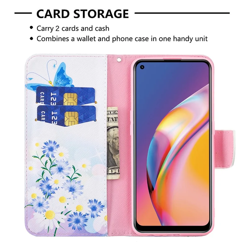 Pattern Printing Leather + Soft TPU Inner Case with Wallet Stand for Oppo A94/Reno5 F/F19 Pro - Blue Butterflies and Flowers