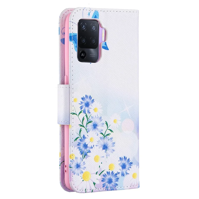 Pattern Printing Leather + Soft TPU Inner Case with Wallet Stand for Oppo A94/Reno5 F/F19 Pro - Blue Butterflies and Flowers
