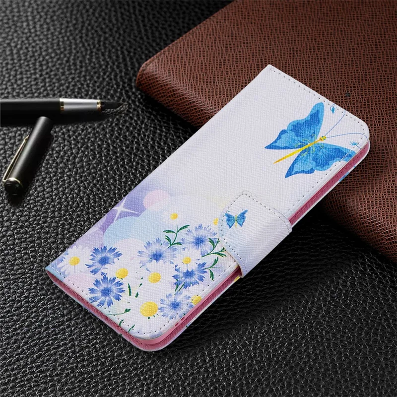 Pattern Printing Leather + Soft TPU Inner Case with Wallet Stand for Oppo A94/Reno5 F/F19 Pro - Blue Butterflies and Flowers