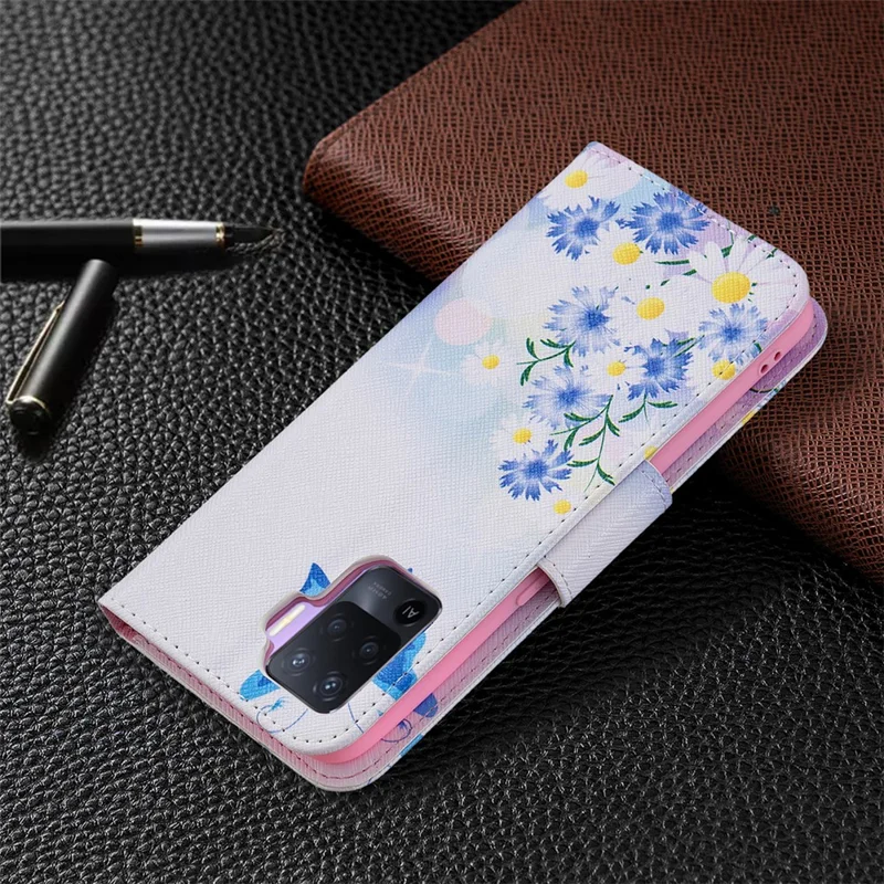 Pattern Printing Leather + Soft TPU Inner Case with Wallet Stand for Oppo A94/Reno5 F/F19 Pro - Blue Butterflies and Flowers