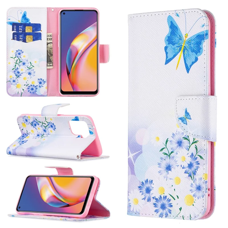 Pattern Printing Leather + Soft TPU Inner Case with Wallet Stand for Oppo A94/Reno5 F/F19 Pro - Blue Butterflies and Flowers