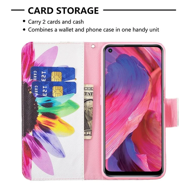 Carteira de couro com suporte para impressão de padrões, ótima sensação de manuseio, para Oppo A74 5G/A93 5G/A54 5G - Girassol