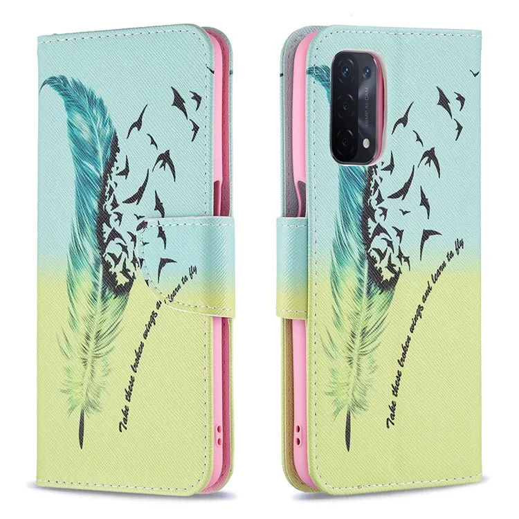 Pattern Printing Good Hand -Hold Feeling Leather Wallet Stand Case for Oppo A74 5G/A93 5G/A54 5G - Feather/Bird Pattern
