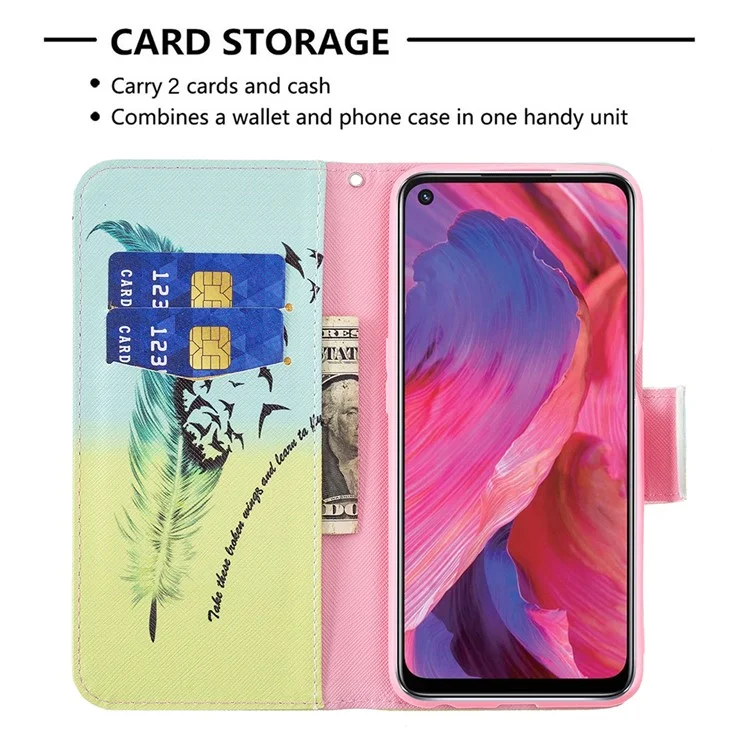 Pattern Printing Good Hand -Hold Feeling Leather Wallet Stand Case for Oppo A74 5G/A93 5G/A54 5G - Feather/Bird Pattern