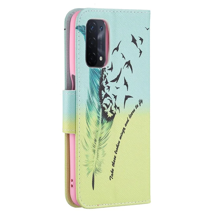 Pattern Printing Good Hand -Hold Feeling Leather Wallet Stand Case for Oppo A74 5G/A93 5G/A54 5G - Feather/Bird Pattern