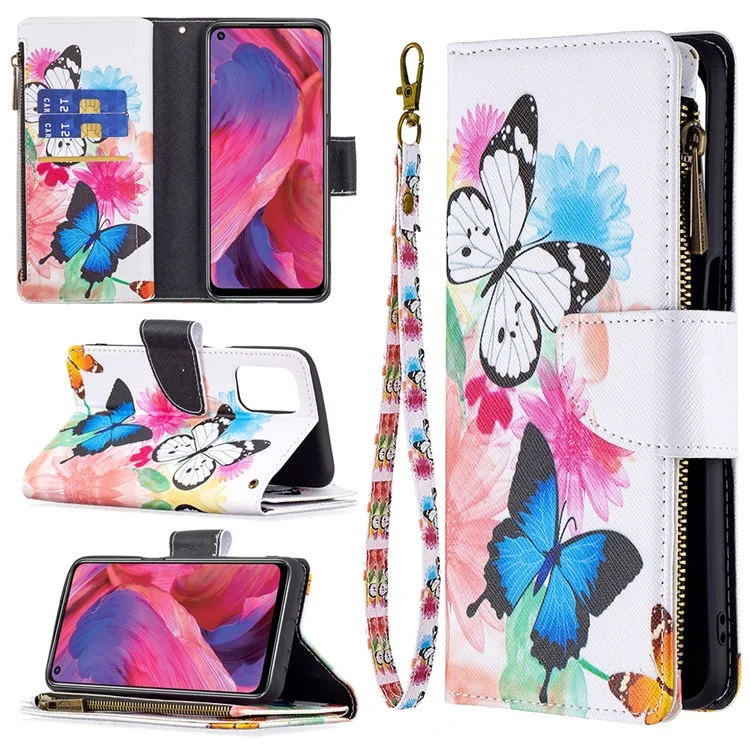 Zippered Wallet Design BF03 Pattern Printing Leather Stand Phone Cover for Oppo A74 5G / A93 5G / A54 5G - Two Butterflies