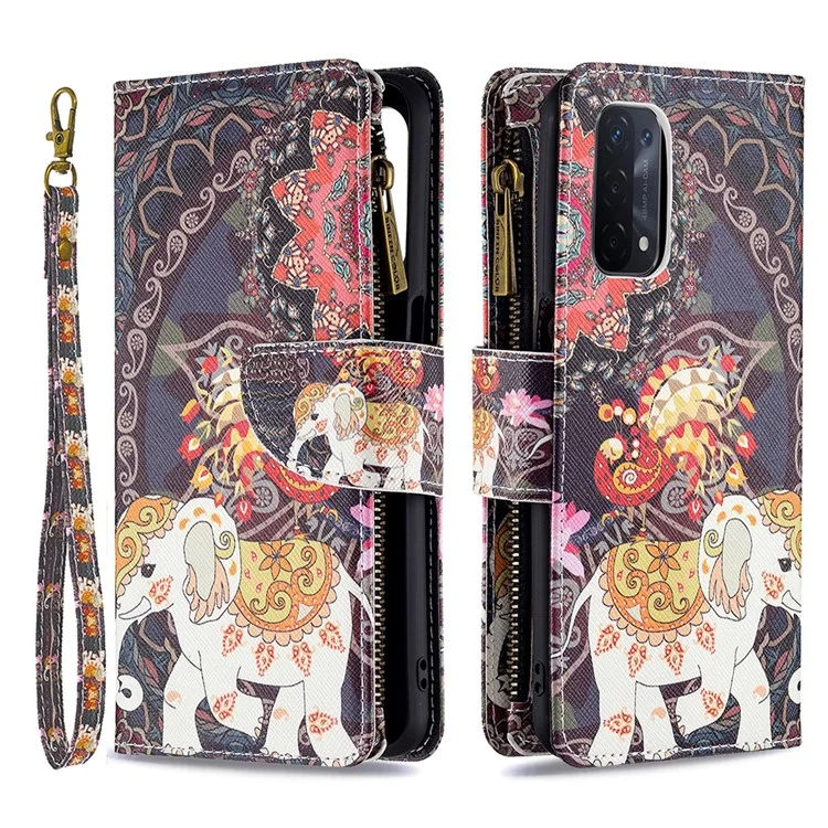 Portefeuille À Glissière D'amorçage À Fermeture À Glissière BF03 Impression PROTECTION PROTECTION PROTECTION SUPPORT Couvercle De Téléphone Pour OPPO A74 5G / A93 5G / A54 5G - Fleur Et Éléphant