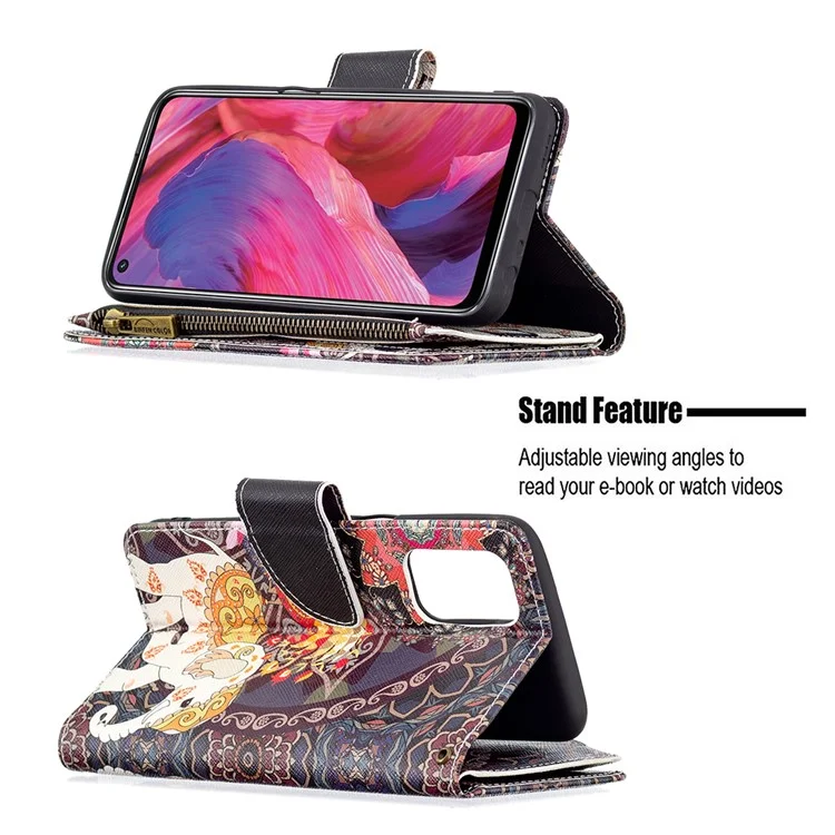 Portefeuille À Glissière D'amorçage À Fermeture À Glissière BF03 Impression PROTECTION PROTECTION PROTECTION SUPPORT Couvercle De Téléphone Pour OPPO A74 5G / A93 5G / A54 5G - Fleur Et Éléphant