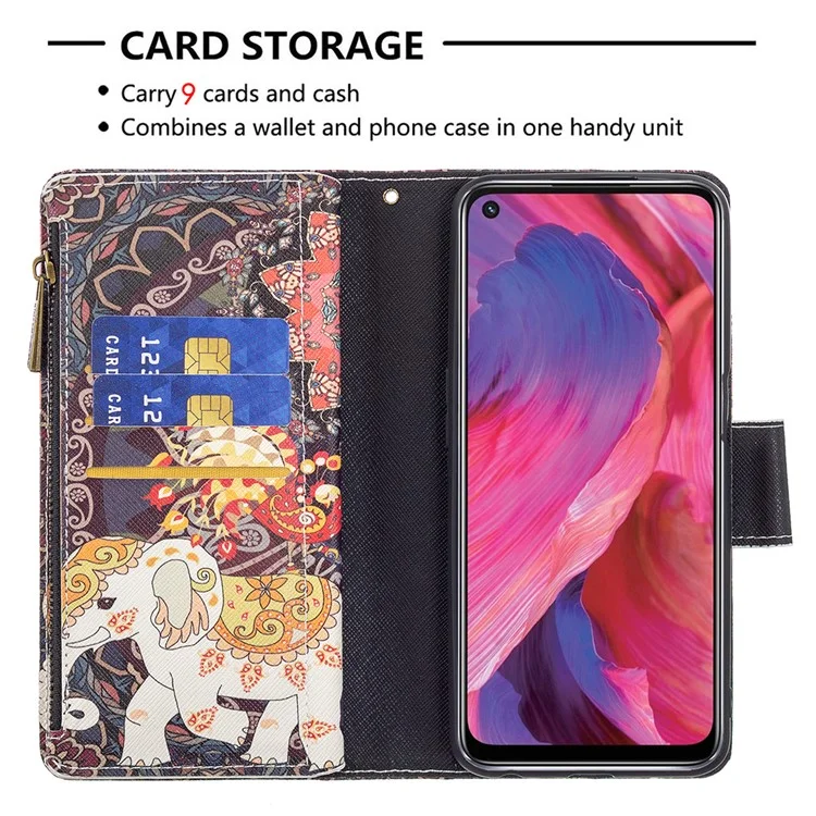 Portefeuille À Glissière D'amorçage À Fermeture À Glissière BF03 Impression PROTECTION PROTECTION PROTECTION SUPPORT Couvercle De Téléphone Pour OPPO A74 5G / A93 5G / A54 5G - Fleur Et Éléphant