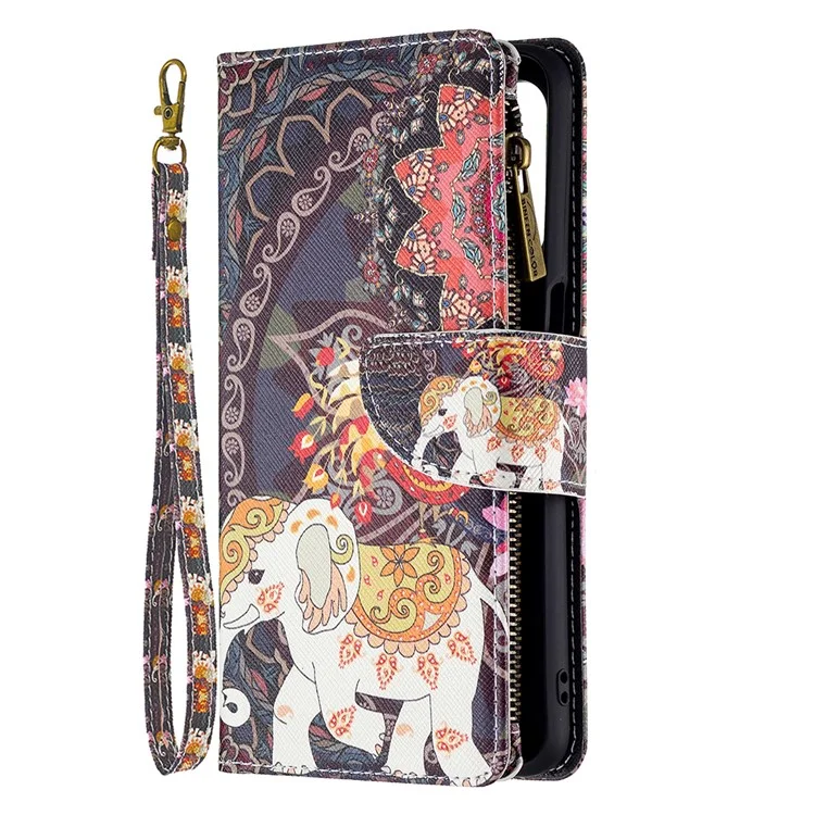 Portefeuille À Glissière D'amorçage À Fermeture À Glissière BF03 Impression PROTECTION PROTECTION PROTECTION SUPPORT Couvercle De Téléphone Pour OPPO A74 5G / A93 5G / A54 5G - Fleur Et Éléphant