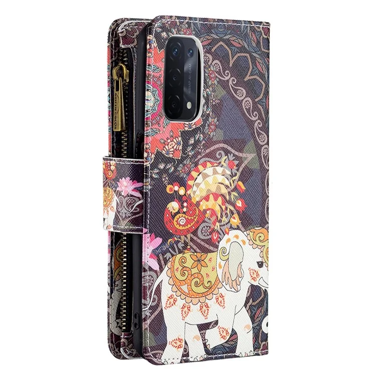 Portefeuille À Glissière D'amorçage À Fermeture À Glissière BF03 Impression PROTECTION PROTECTION PROTECTION SUPPORT Couvercle De Téléphone Pour OPPO A74 5G / A93 5G / A54 5G - Fleur Et Éléphant