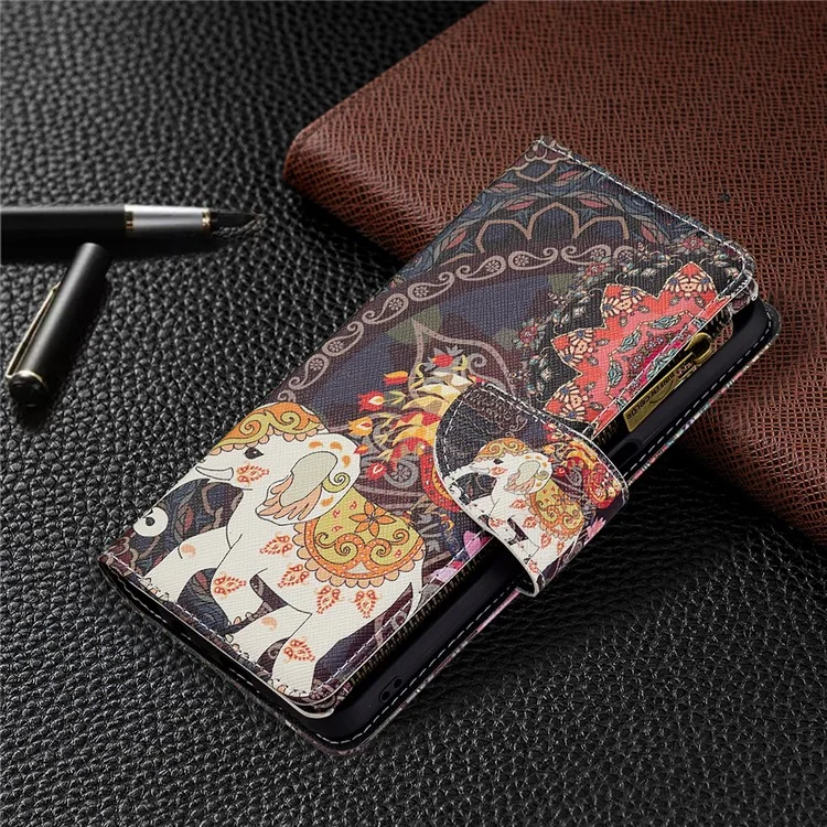 Portefeuille À Glissière D'amorçage À Fermeture À Glissière BF03 Impression PROTECTION PROTECTION PROTECTION SUPPORT Couvercle De Téléphone Pour OPPO A74 5G / A93 5G / A54 5G - Fleur Et Éléphant