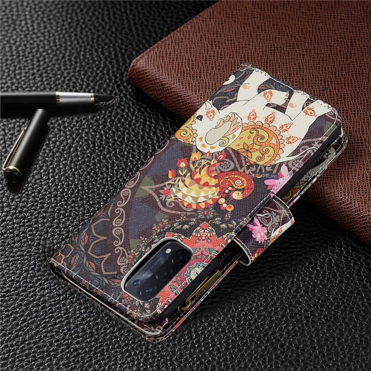Portefeuille À Glissière D'amorçage À Fermeture À Glissière BF03 Impression PROTECTION PROTECTION PROTECTION SUPPORT Couvercle De Téléphone Pour OPPO A74 5G / A93 5G / A54 5G - Fleur Et Éléphant