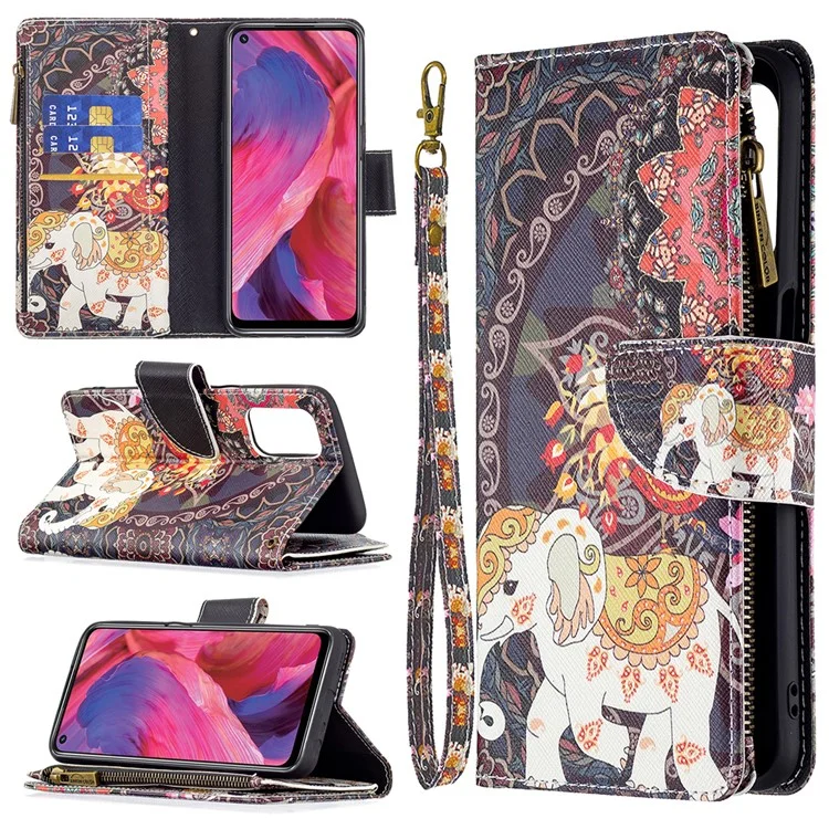 Portefeuille À Glissière D'amorçage À Fermeture À Glissière BF03 Impression PROTECTION PROTECTION PROTECTION SUPPORT Couvercle De Téléphone Pour OPPO A74 5G / A93 5G / A54 5G - Fleur Et Éléphant