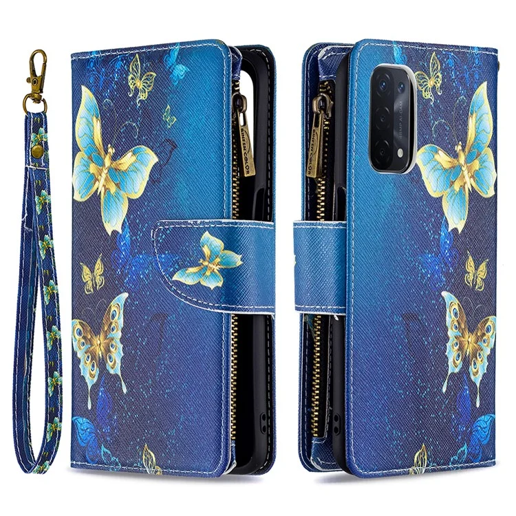 Stoßabsorbierte Reißverschluss Wallet Design BF03 Musterdruck Vollschutz Leder Stand Telefonabdeckung Für OPPO A74 5G / A93 5G / A54 5G - Blauer Schmetterling