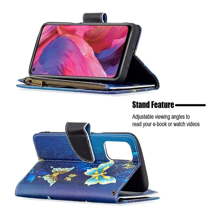 Shock-Absorbed Zippered Wallet Design BF03 Pattern Printing Full Protection Leather Stand Phone Cover for Oppo A74 5G/A93 5G/A54 5G - Blue Butterfly