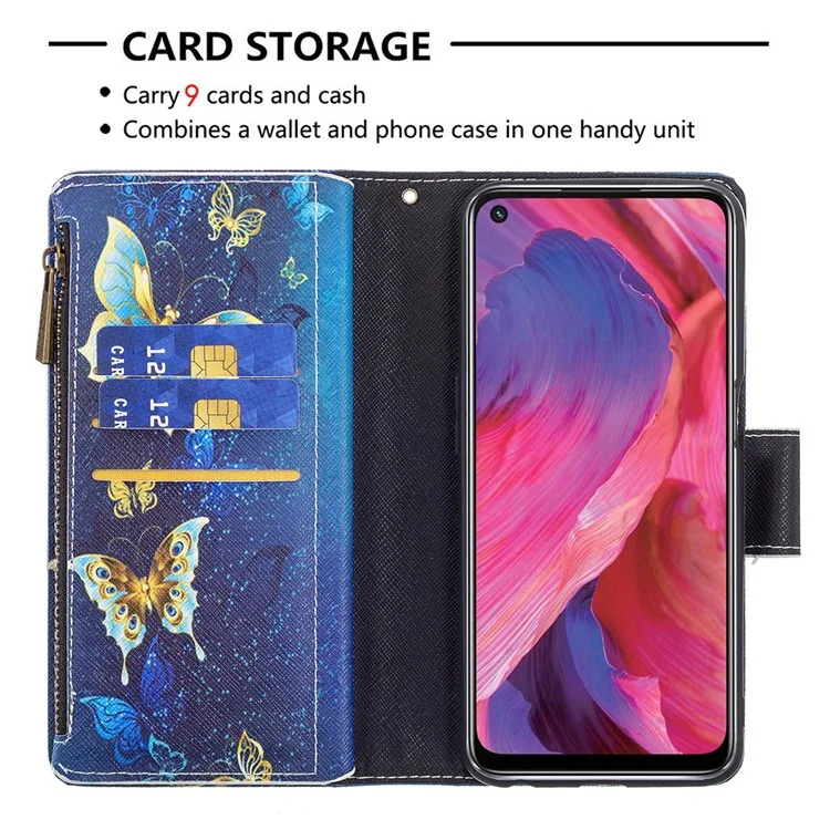 Stoßabsorbierte Reißverschluss Wallet Design BF03 Musterdruck Vollschutz Leder Stand Telefonabdeckung Für OPPO A74 5G / A93 5G / A54 5G - Blauer Schmetterling