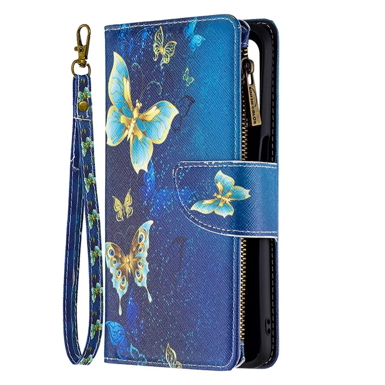 Stoßabsorbierte Reißverschluss Wallet Design BF03 Musterdruck Vollschutz Leder Stand Telefonabdeckung Für OPPO A74 5G / A93 5G / A54 5G - Blauer Schmetterling