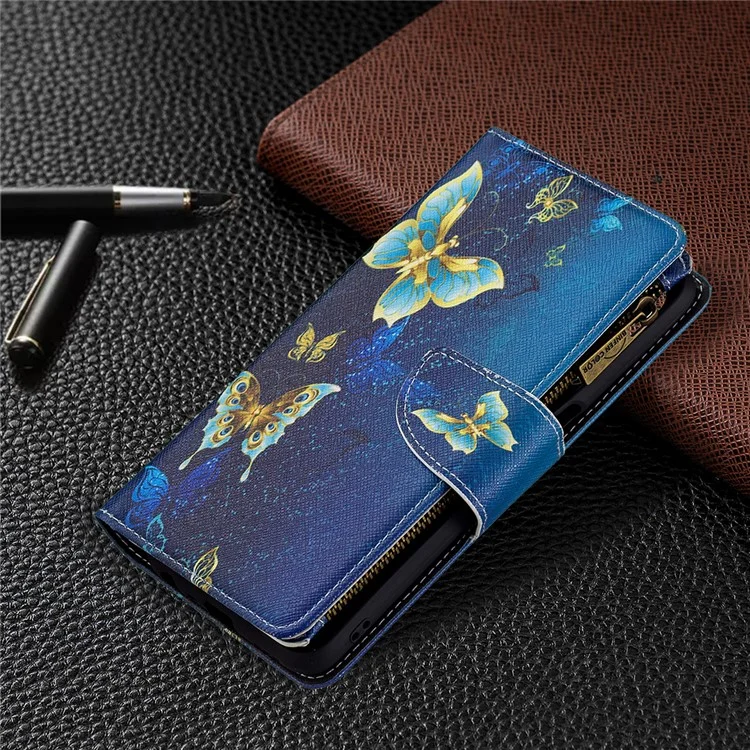 Stoßabsorbierte Reißverschluss Wallet Design BF03 Musterdruck Vollschutz Leder Stand Telefonabdeckung Für OPPO A74 5G / A93 5G / A54 5G - Blauer Schmetterling