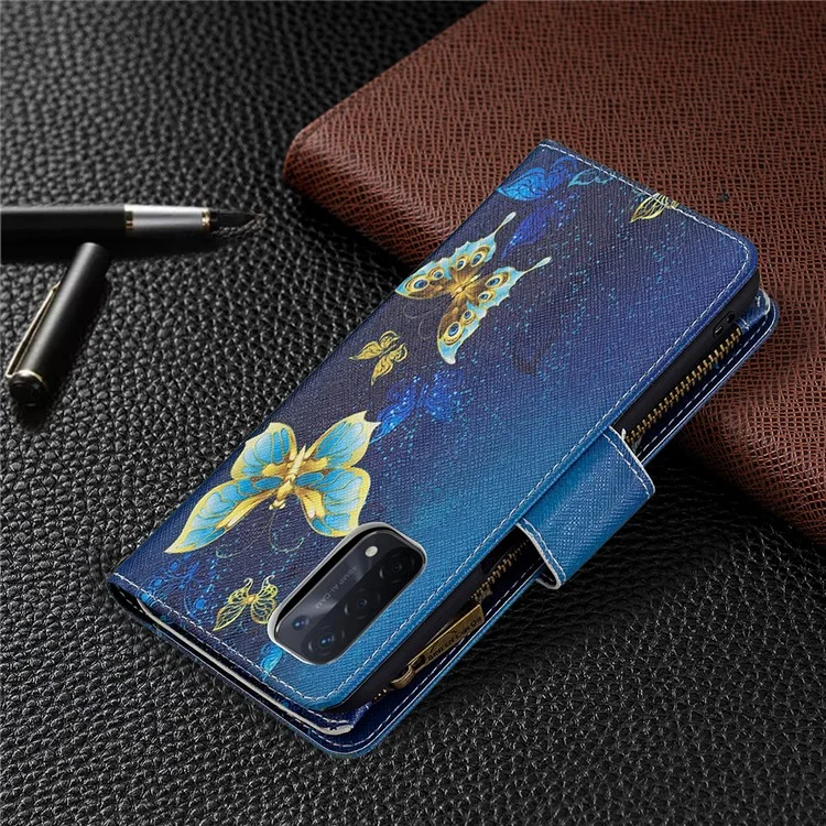 Stoßabsorbierte Reißverschluss Wallet Design BF03 Musterdruck Vollschutz Leder Stand Telefonabdeckung Für OPPO A74 5G / A93 5G / A54 5G - Blauer Schmetterling