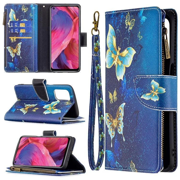 Stoßabsorbierte Reißverschluss Wallet Design BF03 Musterdruck Vollschutz Leder Stand Telefonabdeckung Für OPPO A74 5G / A93 5G / A54 5G - Blauer Schmetterling