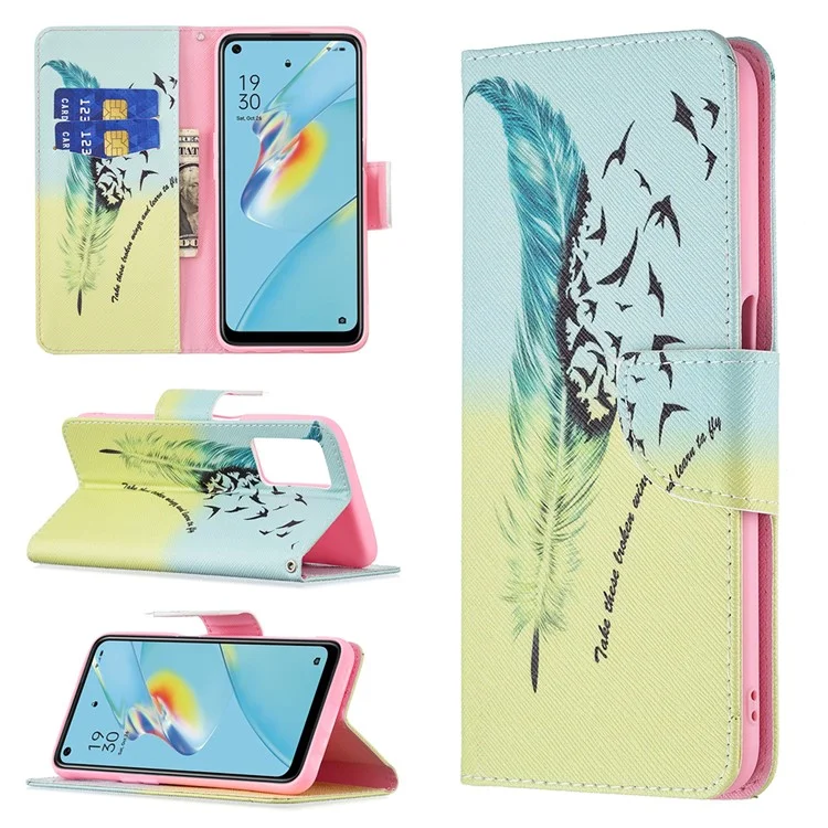 Wallet Design Drop-Resistant Pattern Printing Magnetic Leather Case with Adjustable Stand for Oppo A54 4G / A54s / A16 / A16s / A55 5G - Feather / Bird Pattern