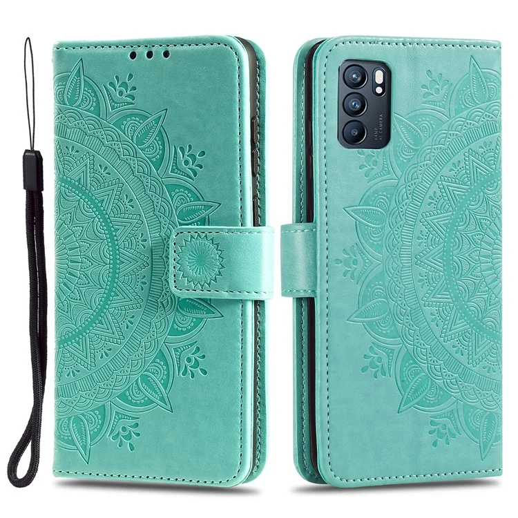 Capa de Capa de Telefone PU Calaro de Calaro de Mandala Pattrala Patallet Stand Caso Para Oppo Reno6 5G - Verde