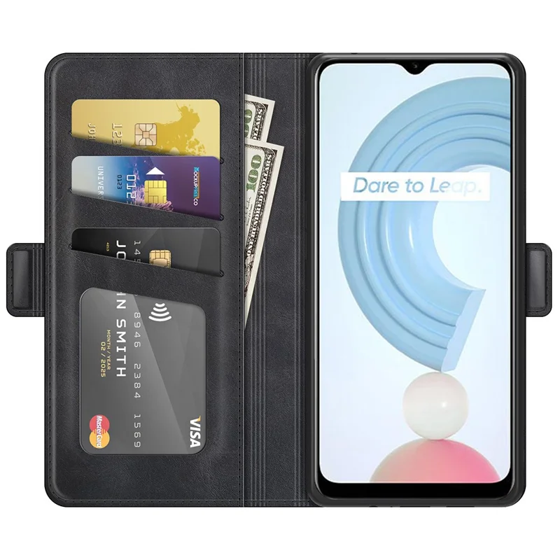 Well-protected Folio Flip Magnetic Clasp Closure Leather Case with Stand for Realme C21Y - Black