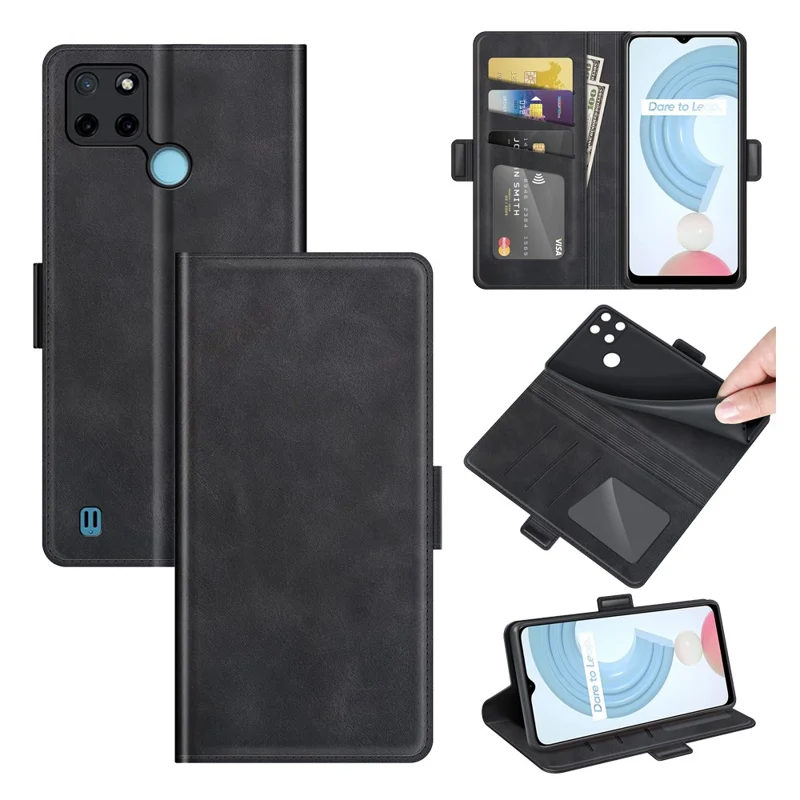 Well-protected Folio Flip Magnetic Clasp Closure Leather Case with Stand for Realme C21Y - Black