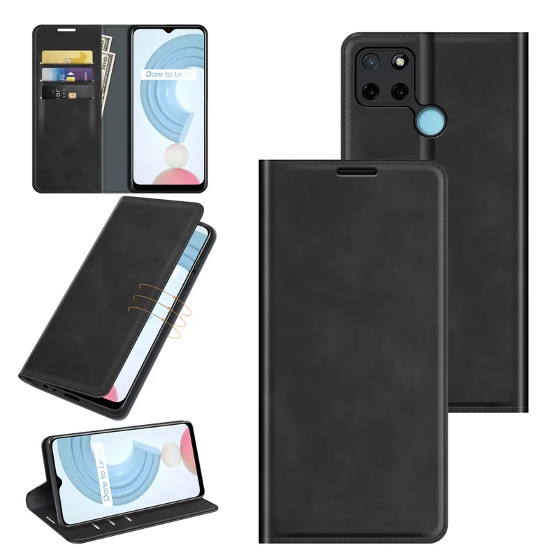 Auto-absorbed Skin-touch Feel Wallet Design Leather Cover Stand Case for Realme C21Y - Black