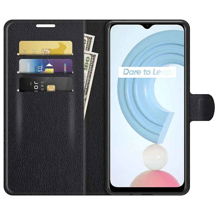 Litchi Skin Folio Étui à rabat Porte-monnaie en cuir Étui pour téléphone portable avec support pour Realme C21Y - Noir 