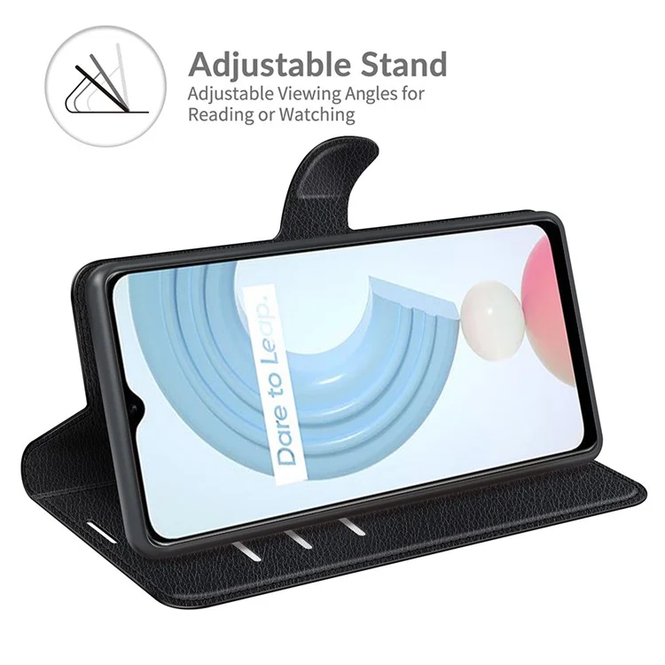 Litchi Skin Folio Étui à rabat Porte-monnaie en cuir Étui pour téléphone portable avec support pour Realme C21Y - Noir 