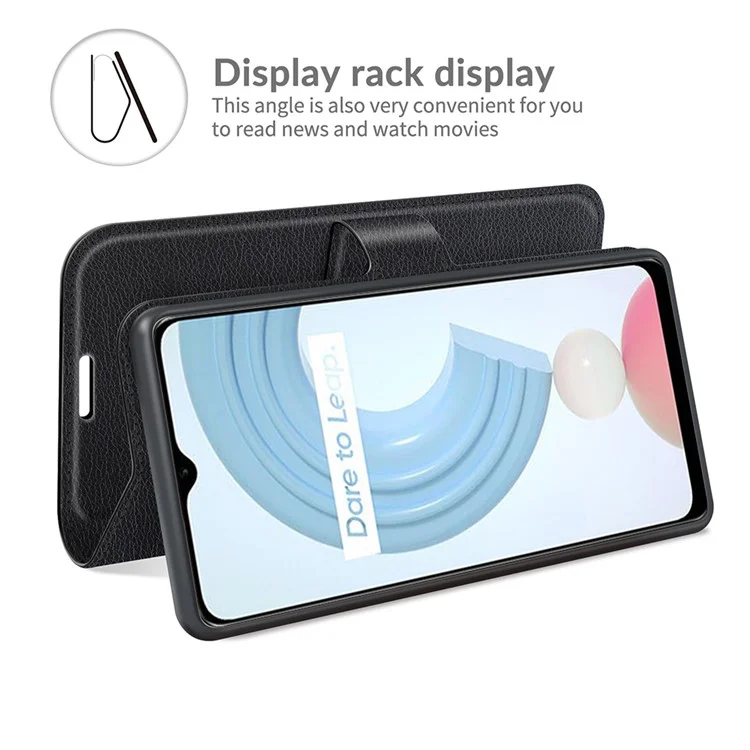 Litchi Skin Folio Étui à rabat Porte-monnaie en cuir Étui pour téléphone portable avec support pour Realme C21Y - Noir 