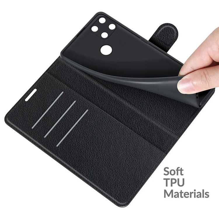 Litchi Skin Folio Étui à rabat Porte-monnaie en cuir Étui pour téléphone portable avec support pour Realme C21Y - Noir 