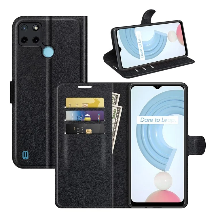 Litchi Skin Folio Étui à rabat Porte-monnaie en cuir Étui pour téléphone portable avec support pour Realme C21Y - Noir 