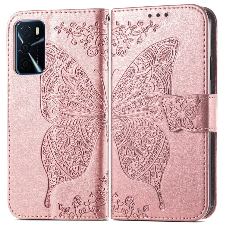 Big Butterfly Imprinting Protective Leather Wallet Cover with Strap for Oppo A16/A16s/A54s - Rose Gold