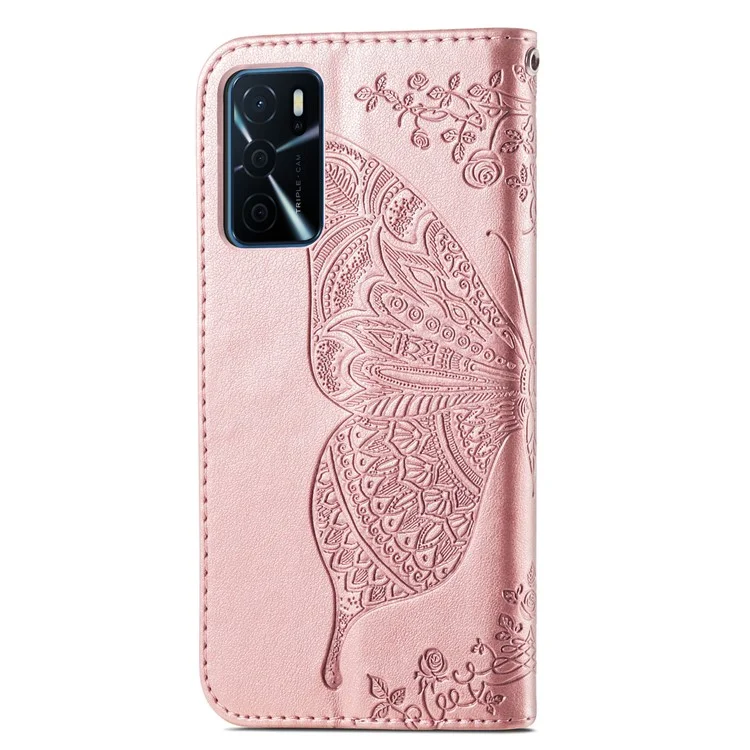 Big Butterfly Imprinting Protective Leather Wallet Cover with Strap for Oppo A16/A16s/A54s - Rose Gold