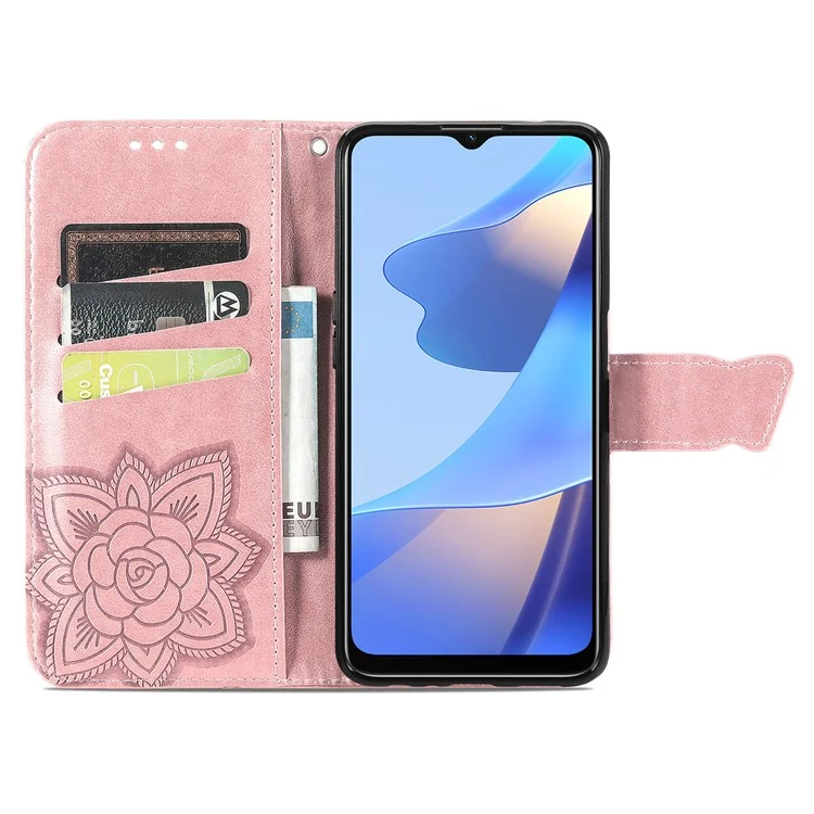 Big Butterfly Imprinting Protective Leather Wallet Cover with Strap for Oppo A16/A16s/A54s - Rose Gold