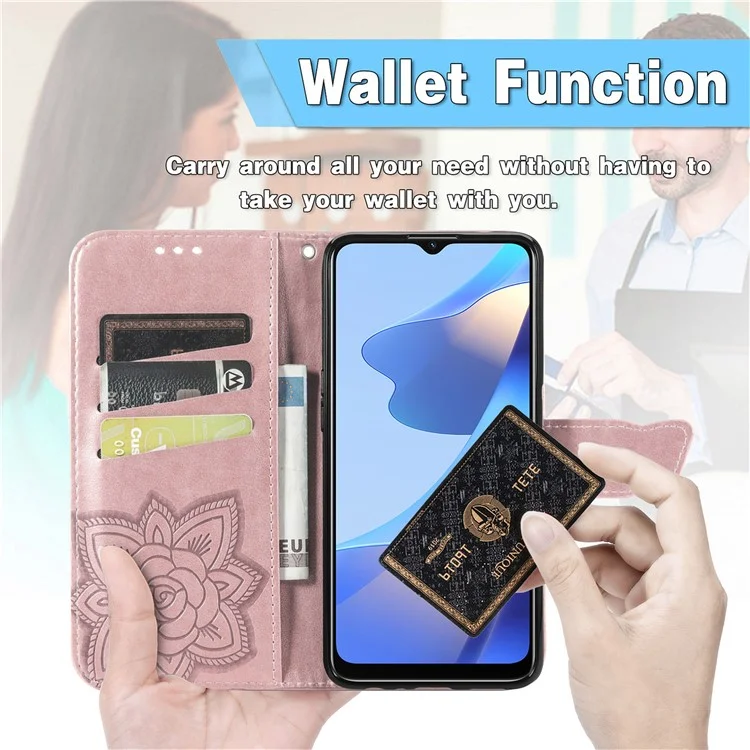 Big Butterfly Imprinting Protective Leather Wallet Cover with Strap for Oppo A16/A16s/A54s - Rose Gold