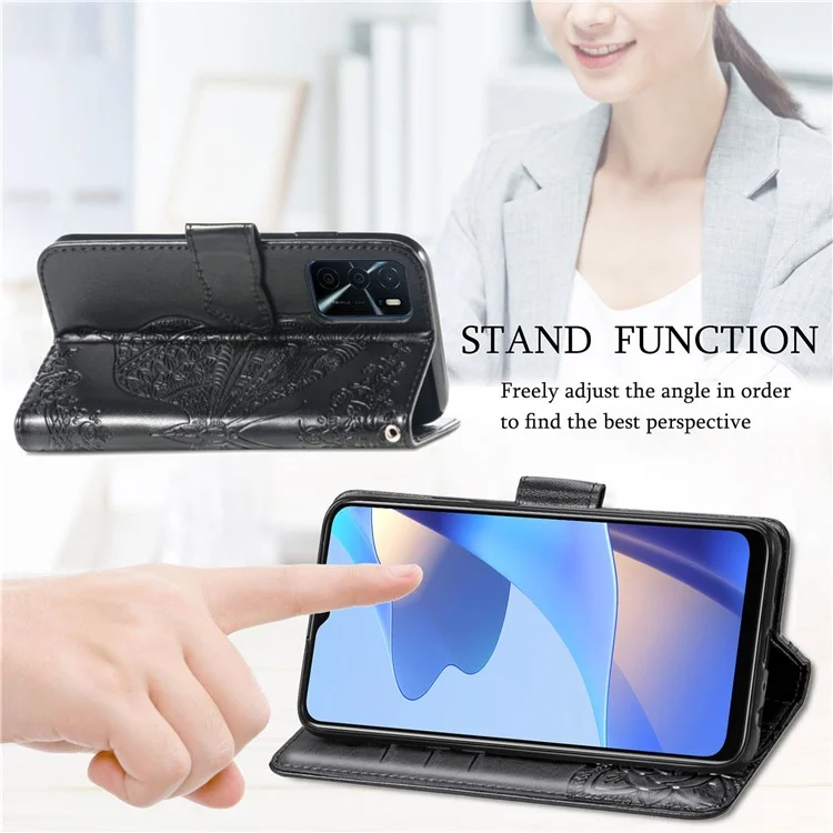 Big Butterfly Imprinting Protective Leather Wallet Cover with Strap for Oppo A16/A16s/A54s - Rose Gold