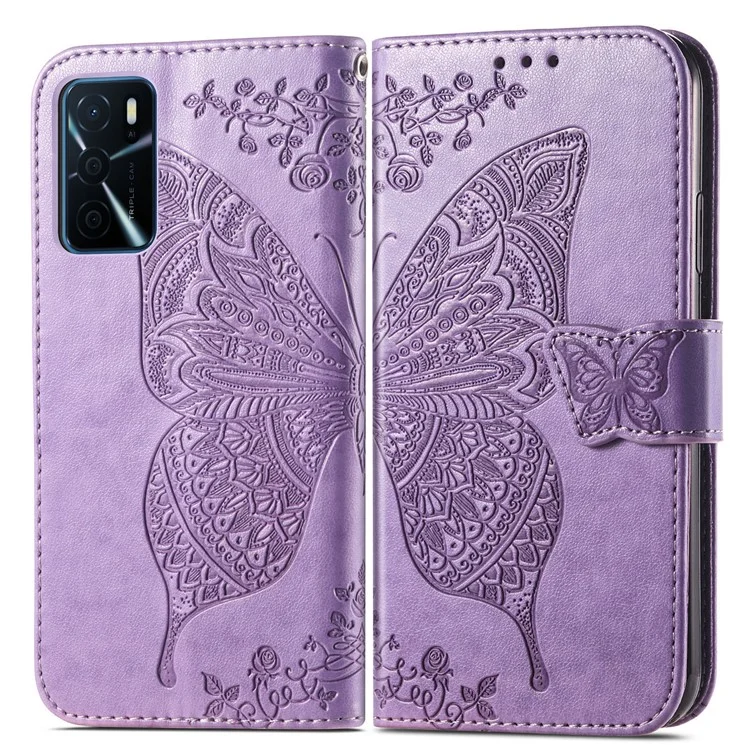 Big Butterfly Spruding Protective Leder Brieftasche Mit Riemen Für Oppo A16/A16s/A54s - Helles Lila