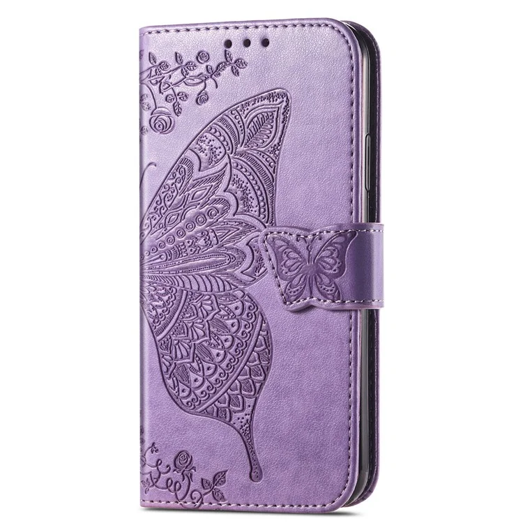 Big Butterfly Spruding Protective Leder Brieftasche Mit Riemen Für Oppo A16/A16s/A54s - Helles Lila