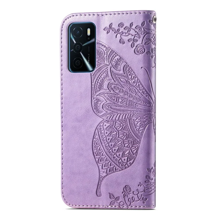 Big Butterfly Spruding Protective Leder Brieftasche Mit Riemen Für Oppo A16/A16s/A54s - Helles Lila