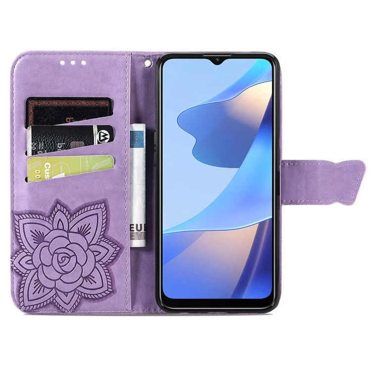 Big Butterfly Spruding Protective Leder Brieftasche Mit Riemen Für Oppo A16/A16s/A54s - Helles Lila