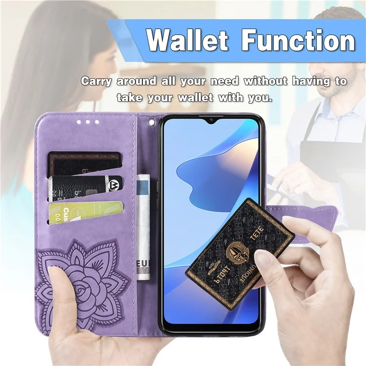 Big Butterfly Spruding Protective Leder Brieftasche Mit Riemen Für Oppo A16/A16s/A54s - Helles Lila