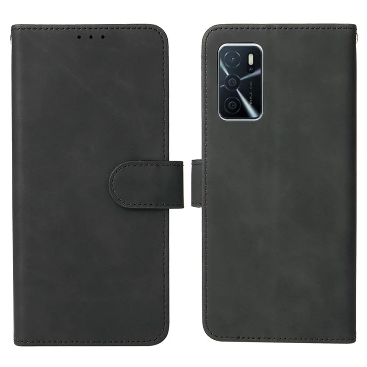 Skin-touch PU Folio Folio Stand Magnetic Staft Strong Cierre de Cierre Case de Teléfono Con Correa Para Oppo A16 / A53s 5G / A55 5G - Negro