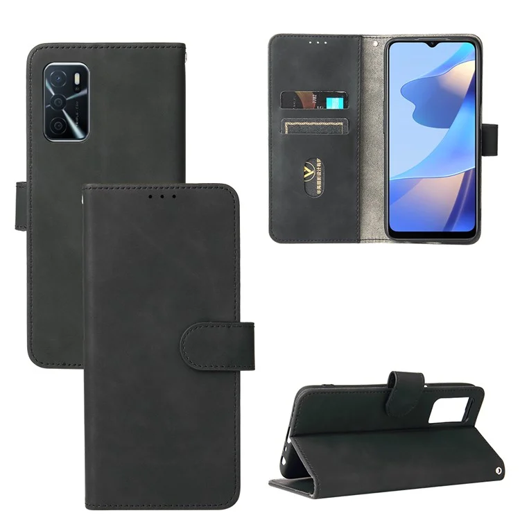 Skin-touch PU Folio Folio Stand Magnetic Staft Strong Cierre de Cierre Case de Teléfono Con Correa Para Oppo A16 / A53s 5G / A55 5G - Negro