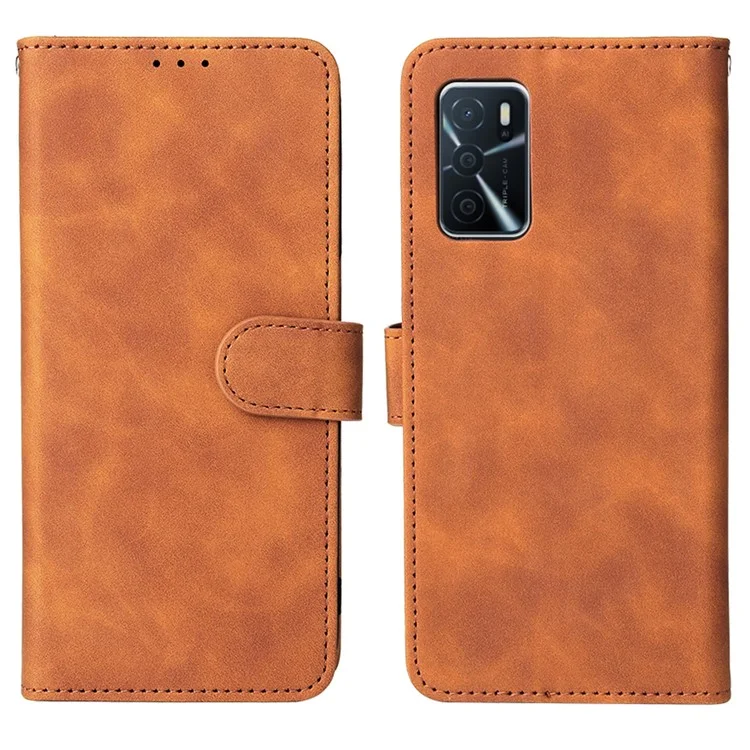 Skin-touch PU Folio Folio Stand Magnetic Staft Strong Cierre de Cierre Case de Teléfono Con Correa Para Oppo A16 / A53s 5G / A55 5G - Marrón
