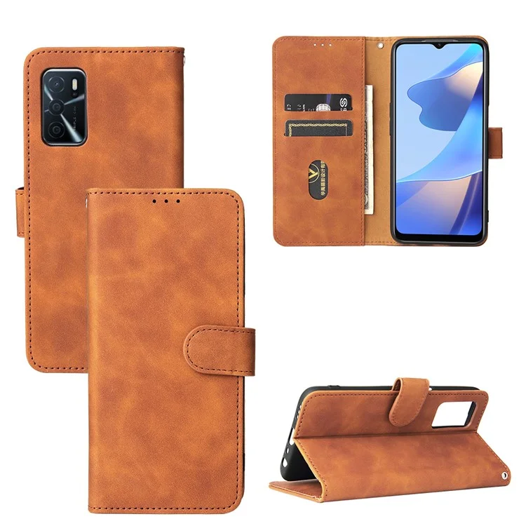 Skin-touch PU Folio Folio Stand Magnetic Staft Strong Cierre de Cierre Case de Teléfono Con Correa Para Oppo A16 / A53s 5G / A55 5G - Marrón